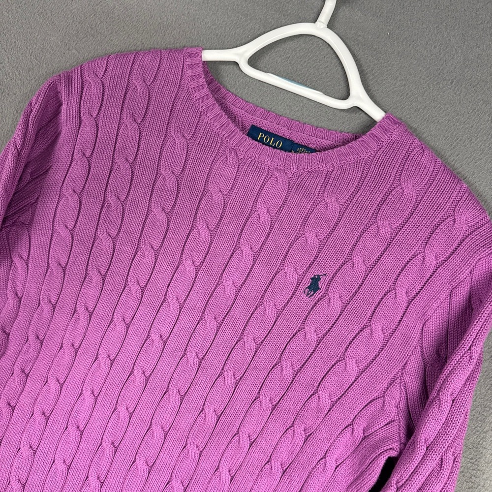 Polo Ralph Lauren Sweater Womens Medium Purple Cable Knit Pony Logo Long Sleeve